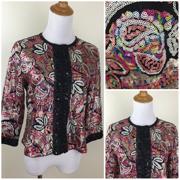MICHAEL SIMON Black Lined Multi Color Embellished Sequined 3/4 Sleeve Jacket